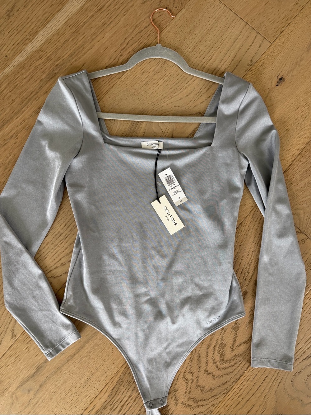 Aritzia Contour Metallic Silver Square-Neck Long-Sleeve Bodysuit